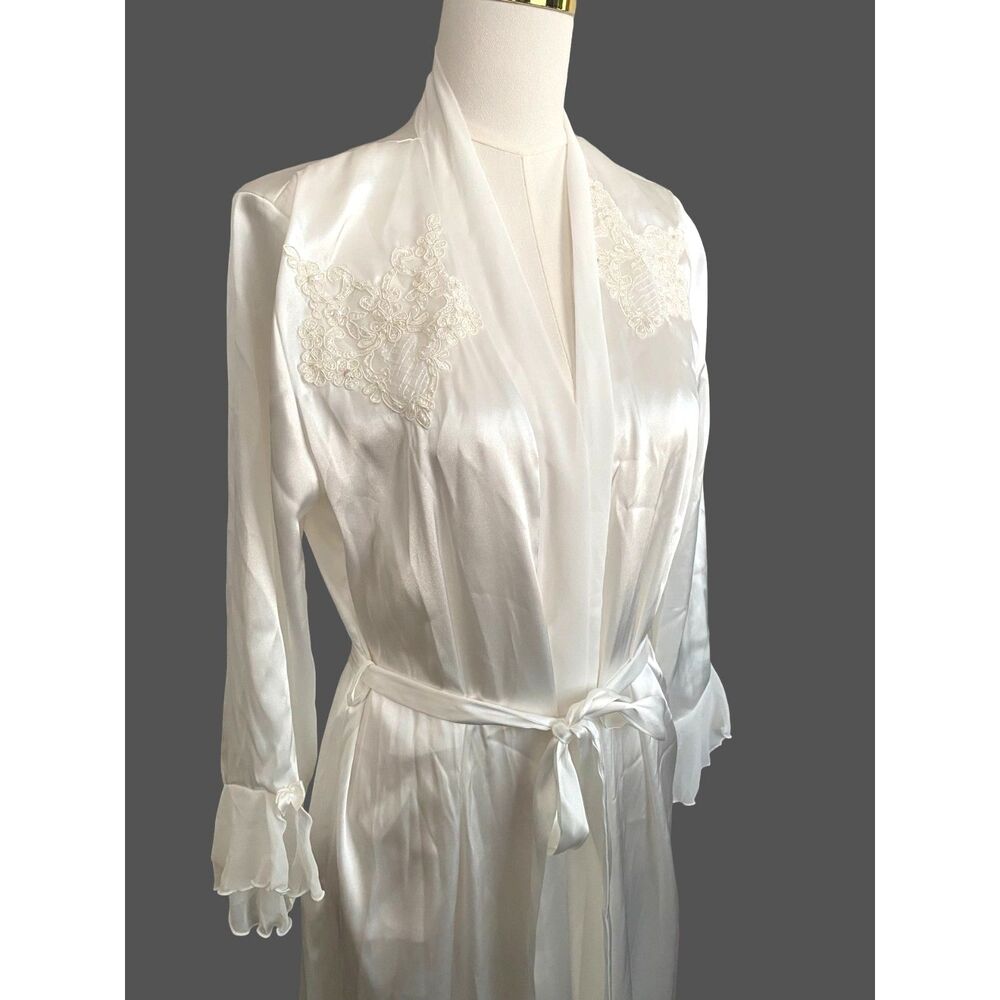 Vintage Intimo Donatella Satin Bridal Robe Ivory Lace Long Wrap Ruffle S/M